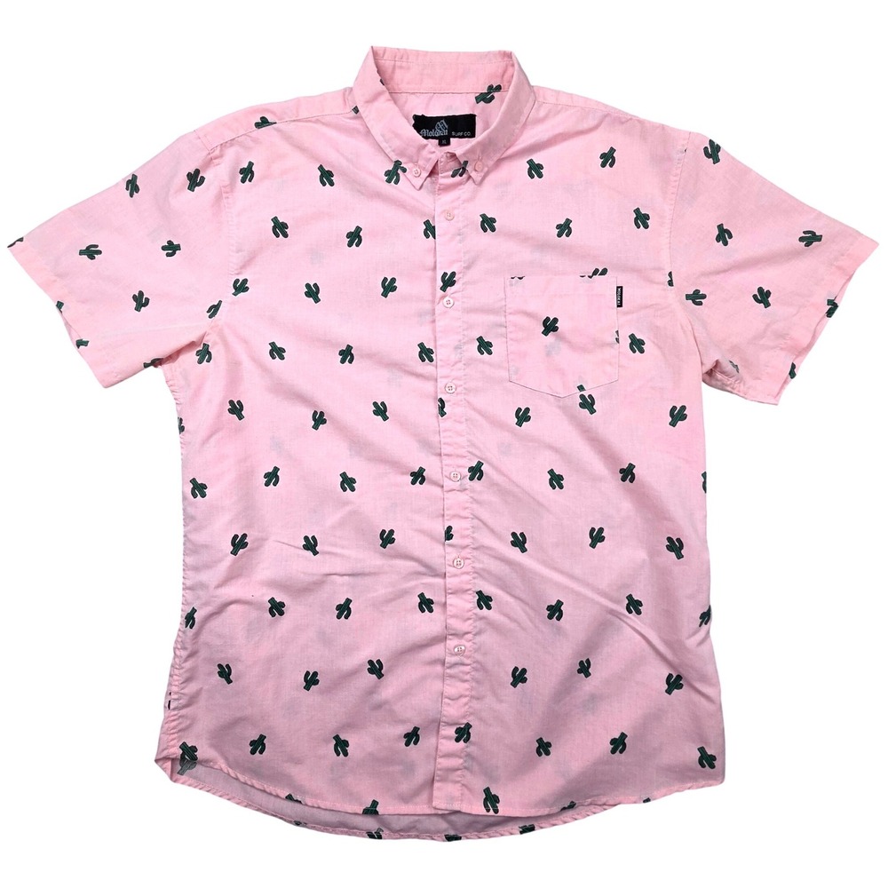 Molokai Surf Co Mens XL Pink Cactus Print Short Sleeve Button Down Shirt Casual